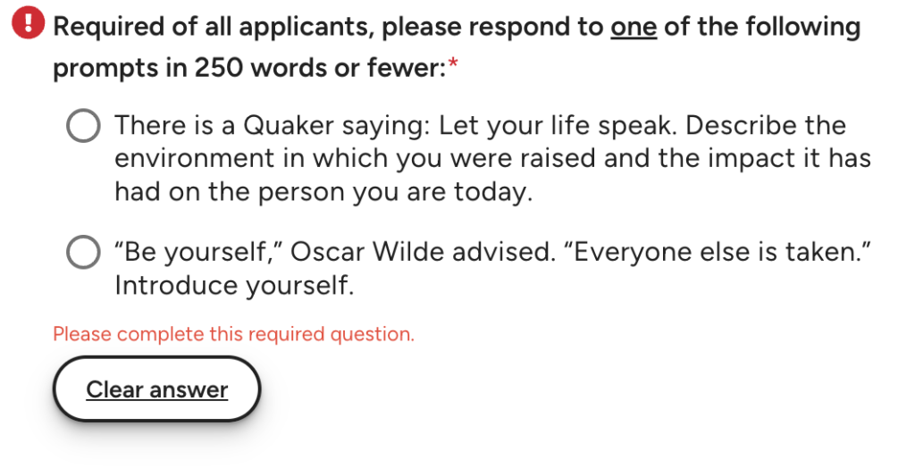 Example of a required supplemental essay prompt some universities ask in addition to the Common App essay
