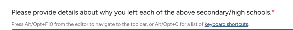 Common App Education progression field asking why the applicant left a previous school