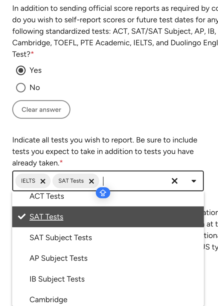 Common App Testing section with IELTS and SAT Tests selected for self-reporting