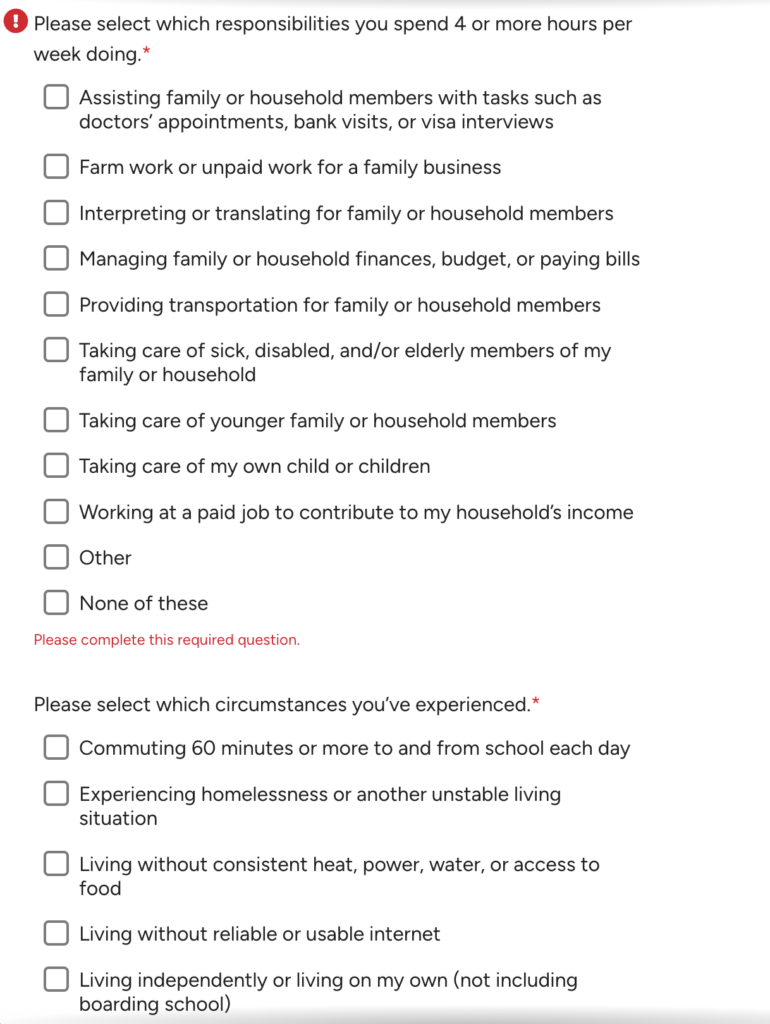 Common App Challenges and circumstances checkboxes for family responsibilities and living situations