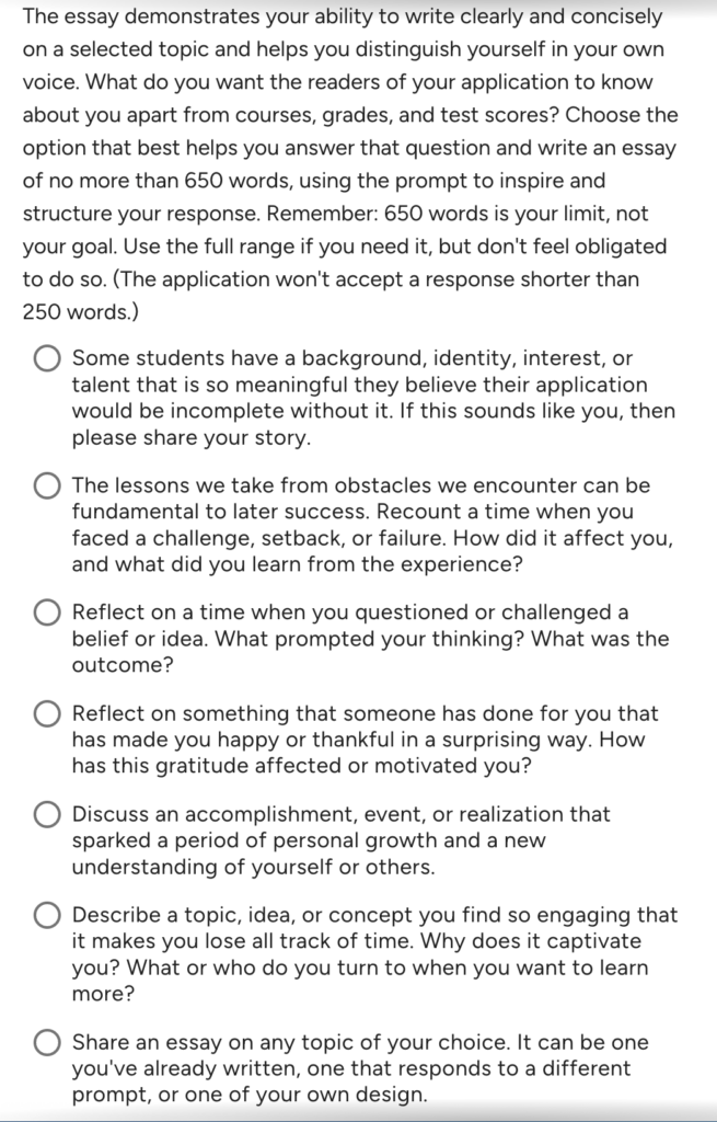 Common App personal essay prompts, including background, challenge, and belief options