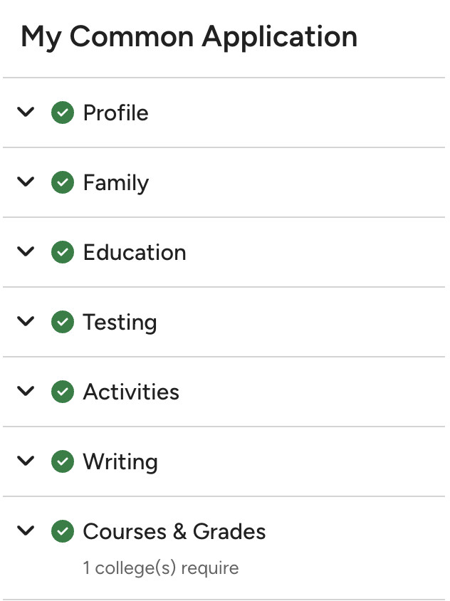 Common App section checklist showing Profile, Testing, Activities, and other completed sections