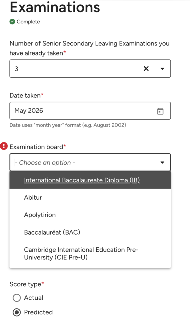 Common App Examinations section for reporting exam boards and predicted scores