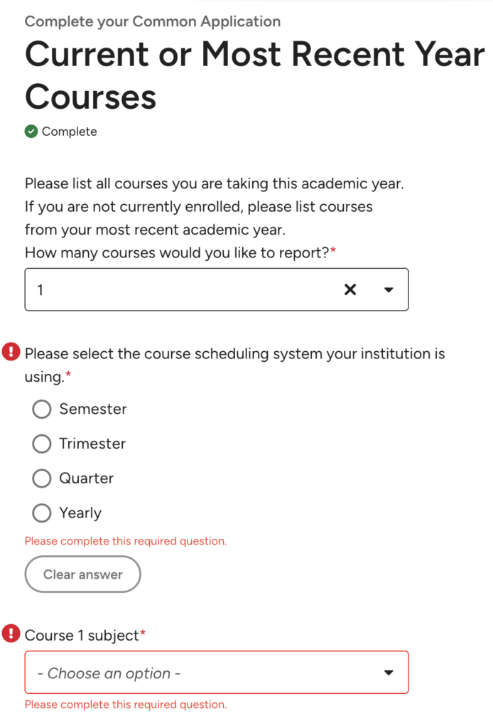 Common App Courses section listing current-year classes and the course scheduling system