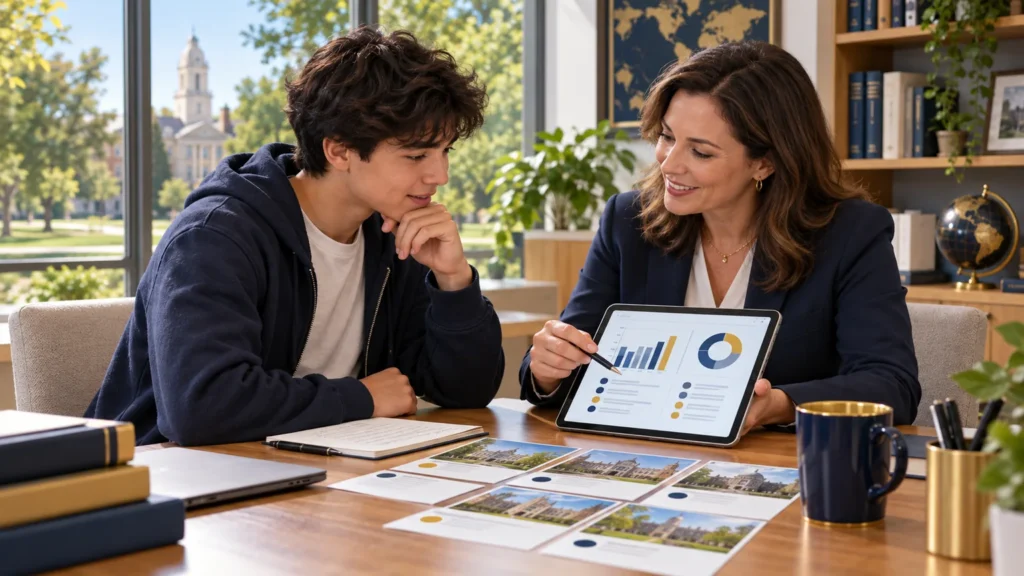 CIS applicant reviews AP exam results and university strategy with an admissions counselor