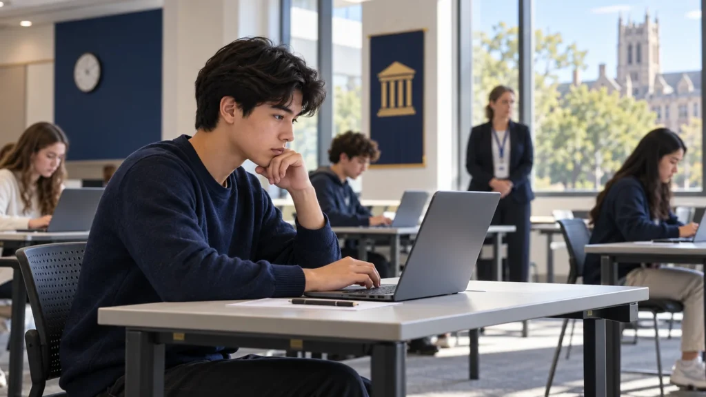 International high school student takes a digital AP exam at an authorized testing center